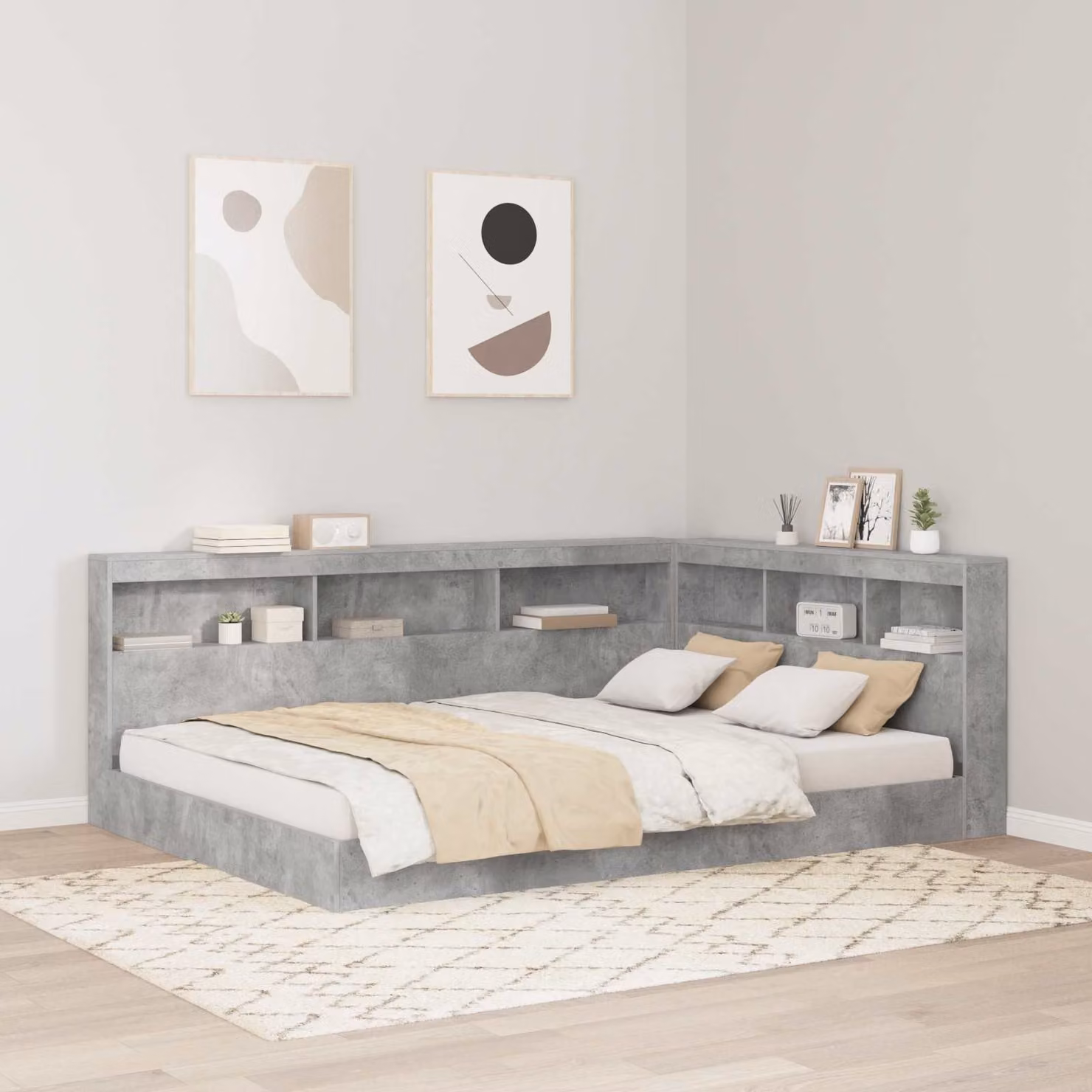 Testata letto con contenitore vidaXL Grigio, con ripiano integrato e porta di ricarica USB, L/P/H: 217.5 x 157.5 x 76.5 cm