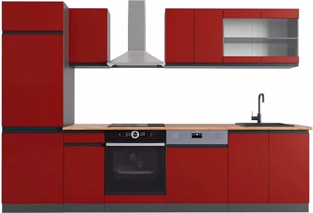 Cucina componibile moderna Vicco R-Line J-Shape in Rosso e Antracite con dettagli in Rovere, L: 300 cm – 1