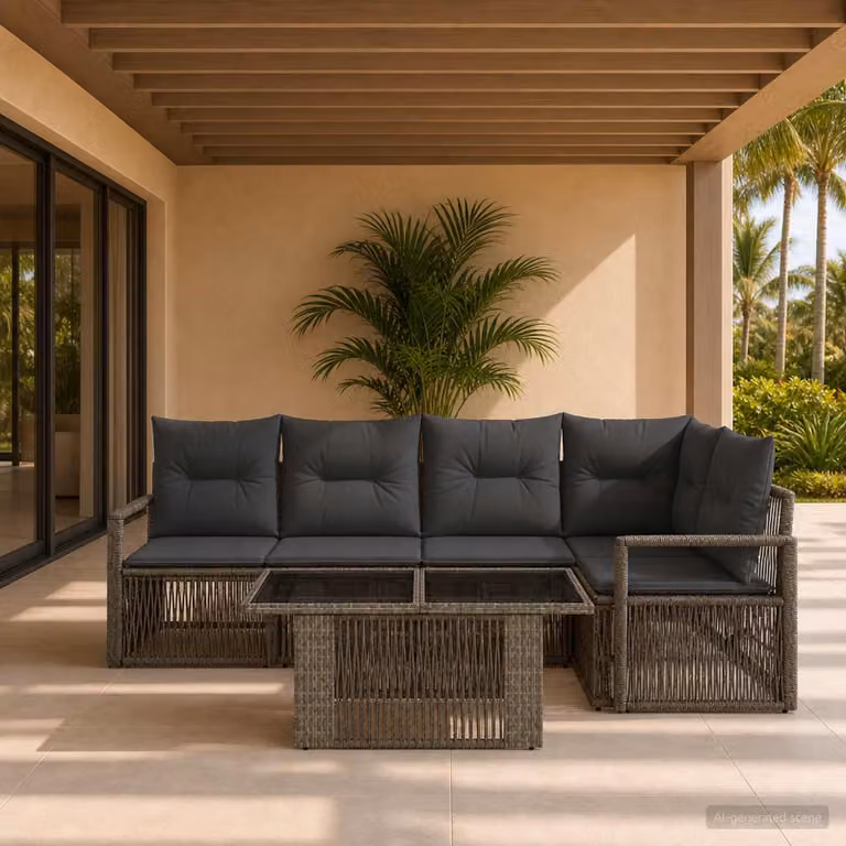 Set Divano da Giardino vidaXL 5 Pezzi a Forma di L con Tavolino, Polyrattan e Cuscini, Grigio e Antracite