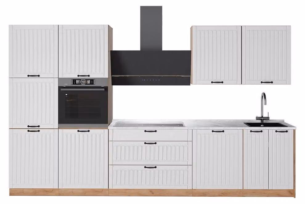 Cucina componibile Vicco Fame-Line Bianco rustico/Rovere dorato 340 cm, PL Marmo, Model 64614