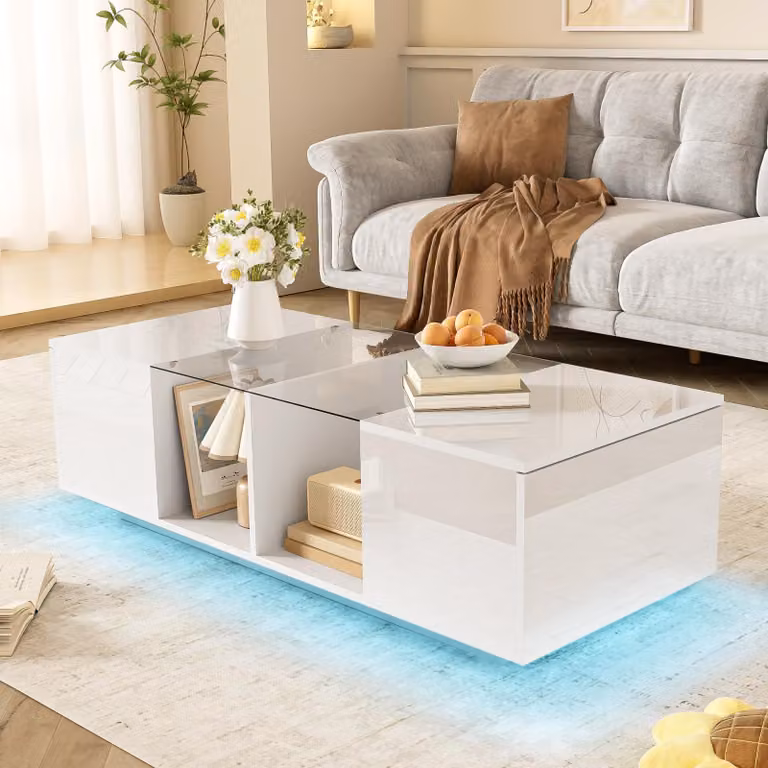 Tavolino moderno con illuminazione a LED, superficie lucida, 120 x 50 x 38,5 cm, bianco