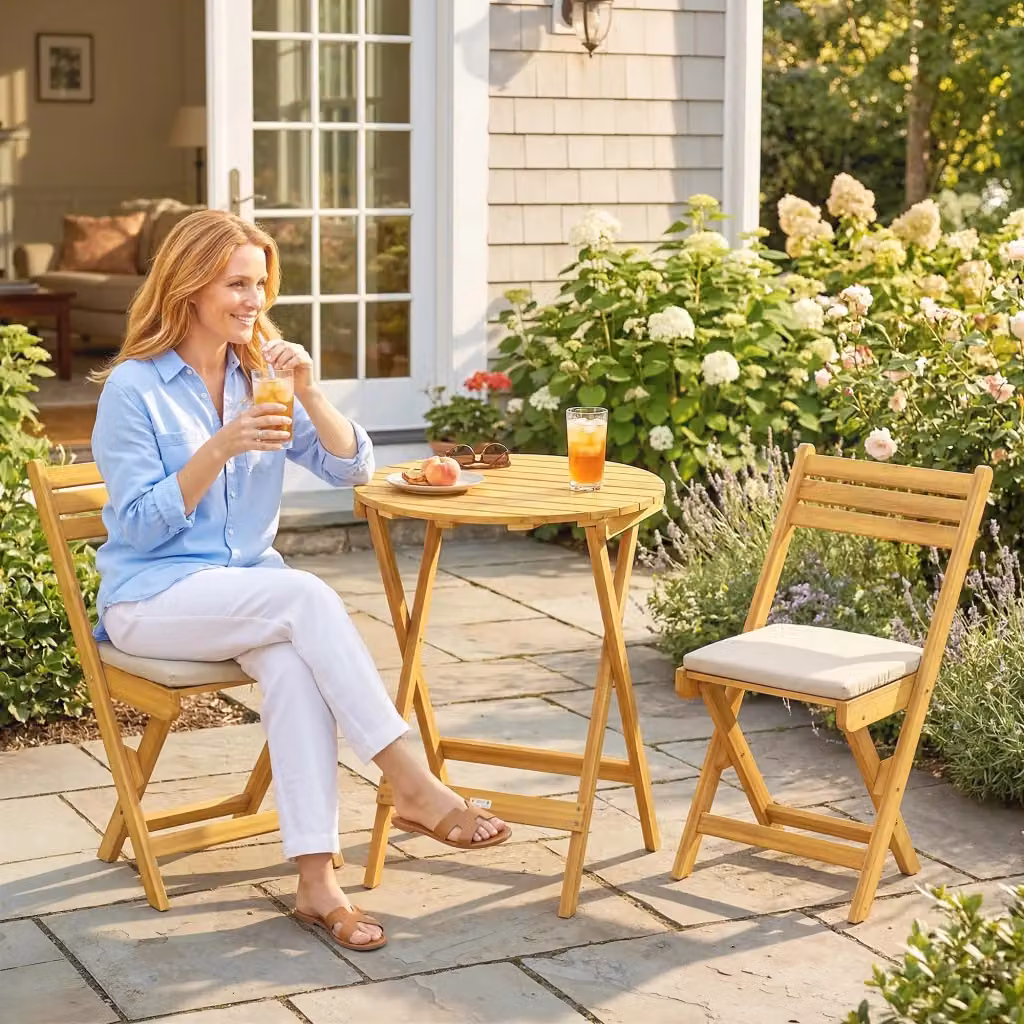 Set Bistrò da Esterno Giordanoshop con 2 Sedie Pieghevoli e Tavolo Rotondo in Legno di Acacia Naturale, Colore Marrone e Beige, L/P/H: 60 x 75 cm – 2