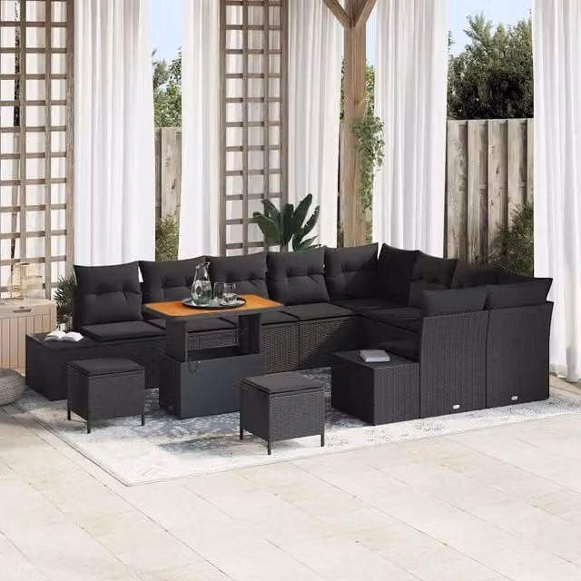 Set Divano da Giardino vidaXL 12 pz in Polyrattan Nero con Legno di Acacia – 1