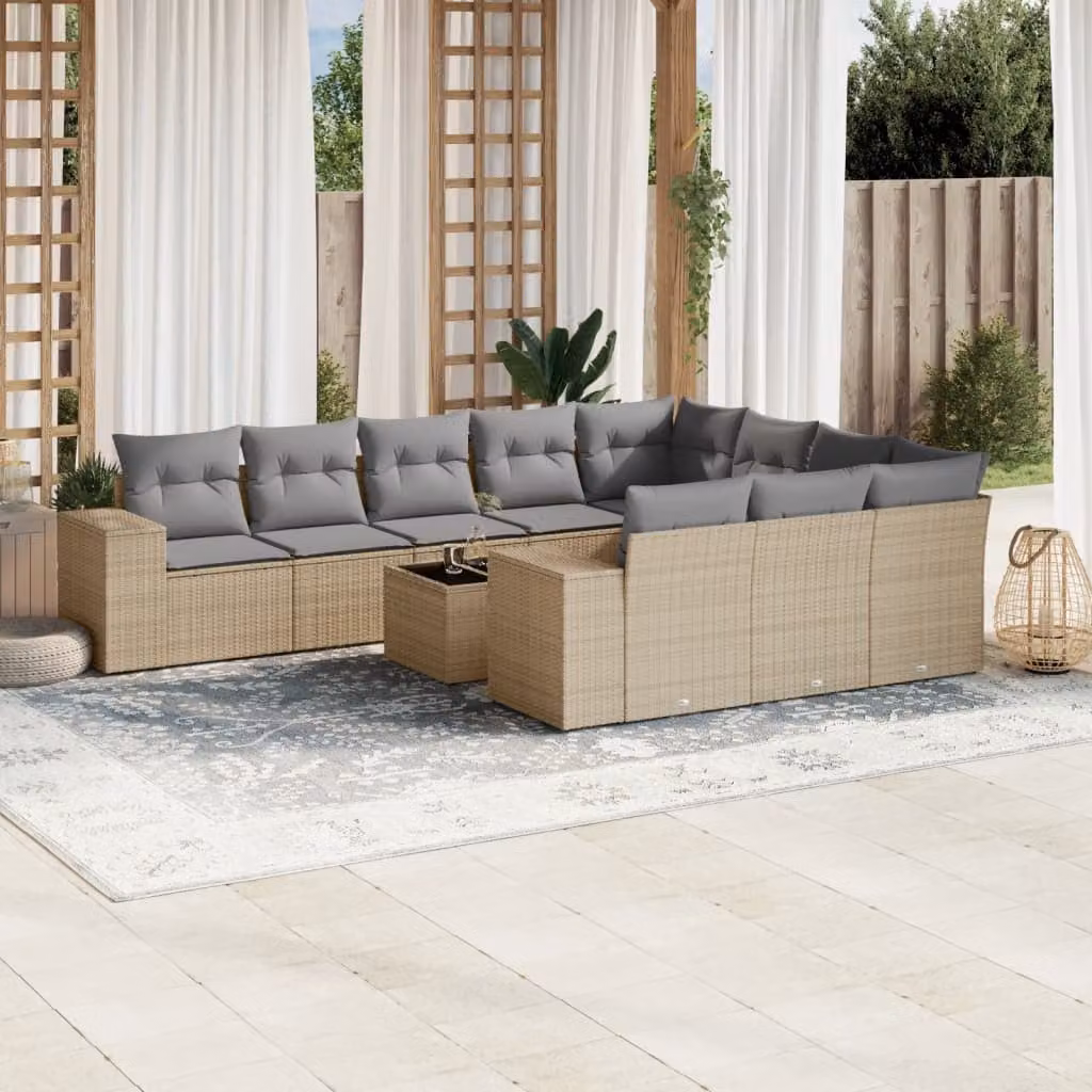 vidaXL Set Divani da Giardino 11 pz con Cuscini Beige e Grigio in Polyrattan e Acciaio – 1