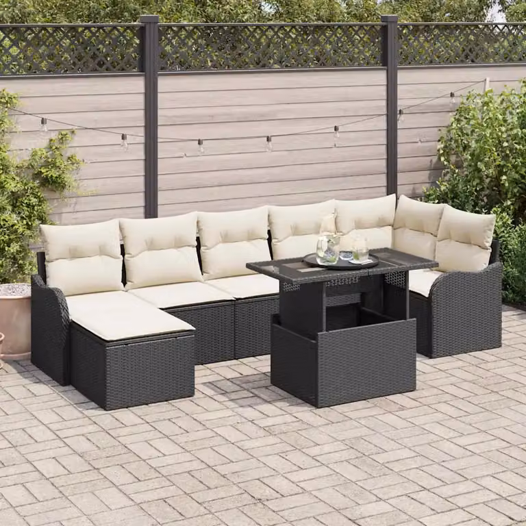 Set Divano da Giardino vidaXL 8 Pezzi con Cuscini Beige e Nero in Poly Rattan e Acciaio Verniciato a Polvere