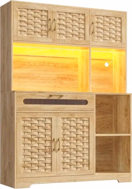 Mobile contenitore alto multifunzione con LED, ante in MDF intrecciato e ripiani regolabili 120x40x180 cm