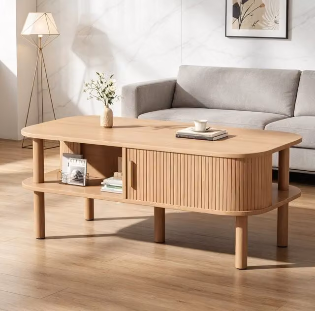 Tavolino da caffè scandinavo MODFU in MDF color marrone con piano ovale e angoli arrotondati L: 110 cm, P: 55 cm, H: 45 cm