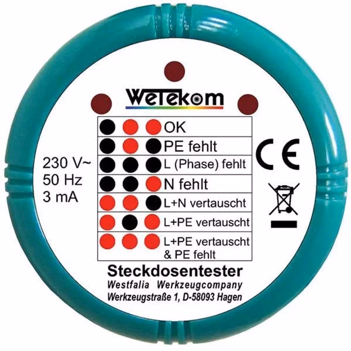 Tester di Tensione per Prese 230V con Contatto Protettivo, 7 Stati LED, Verificatore Sicurezza, Protezione 300V, Compatto 60x60x65mm