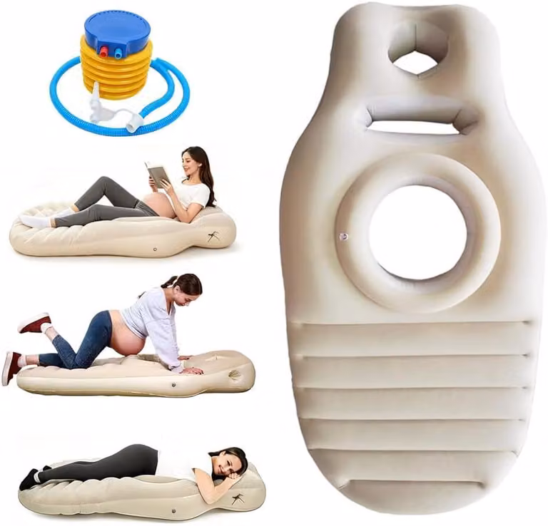 Cuscino per gravidanza con foro centrale, materasso gonfiabile per chi dorme a pancia in giù, pompa, realizzato in PVC resistente, ideale per la gravidanza