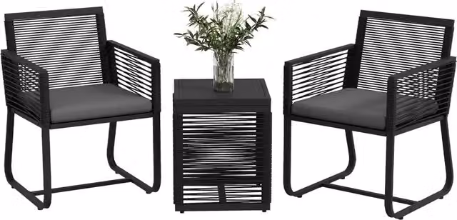 Set Giardino Xylo con 2 Poltroncine e Tavolino in Vetro Nero in Rattan e Metallo