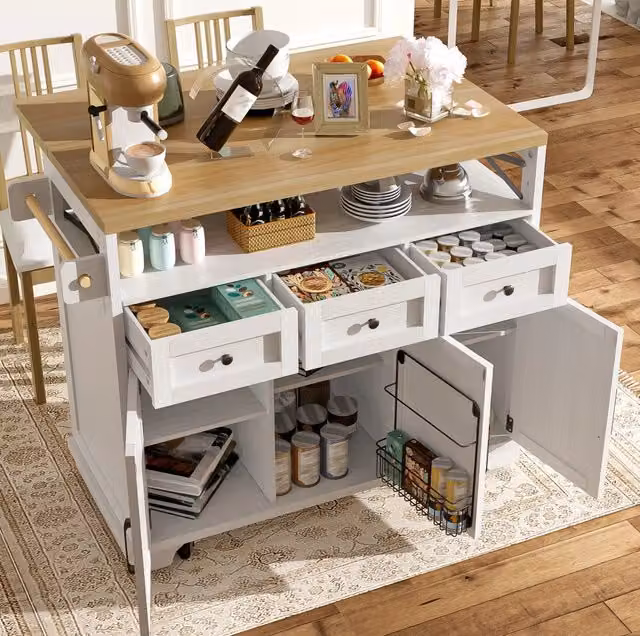 Isola da cucina 118x43x98 cm bianca – piano ribaltabile, vani portaoggetti e ruote