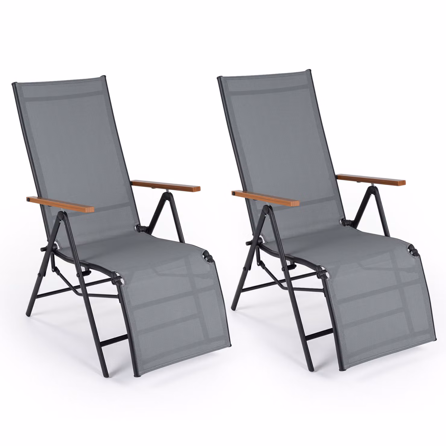 Set di 2 sedie da giardino reclinabili Costway in tessuto traspirante grigio con schienale regolabile e struttura in acciaio