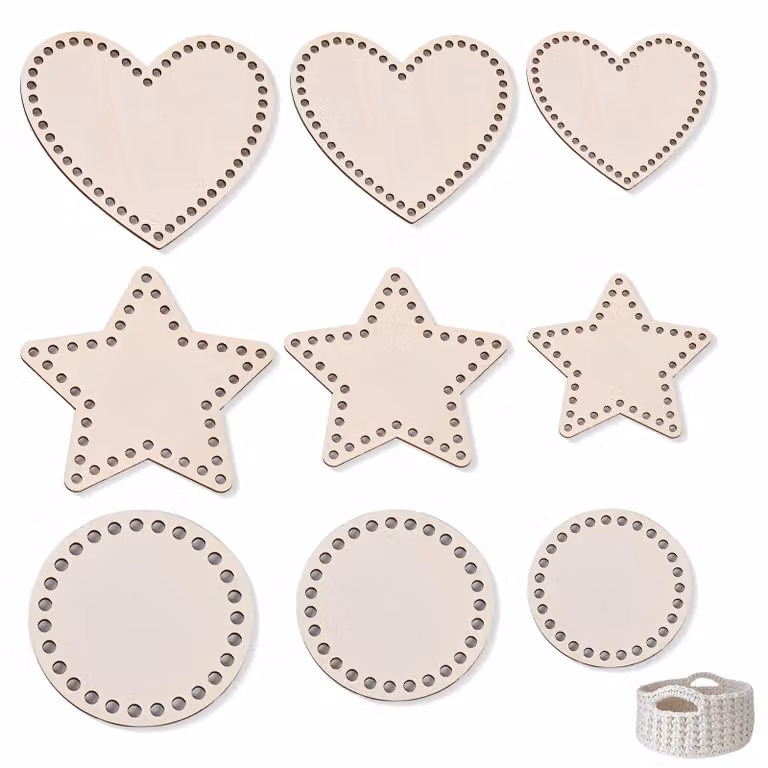 Set di formine in legno, 9 pezzi, per la realizzazione di cesti all'uncinetto, a forma di stella, cuore e cerchio, nelle dimensioni di 10/15/20 cm