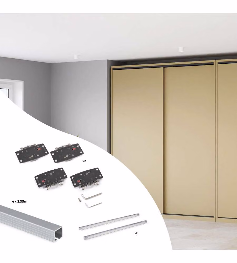 Kit di ferramenta Emuca per armadio con 2 porte scorrevoli, chiusura soft Flow2 e binari incassati da 2,35 m, colore argento e finitura opaca – 1