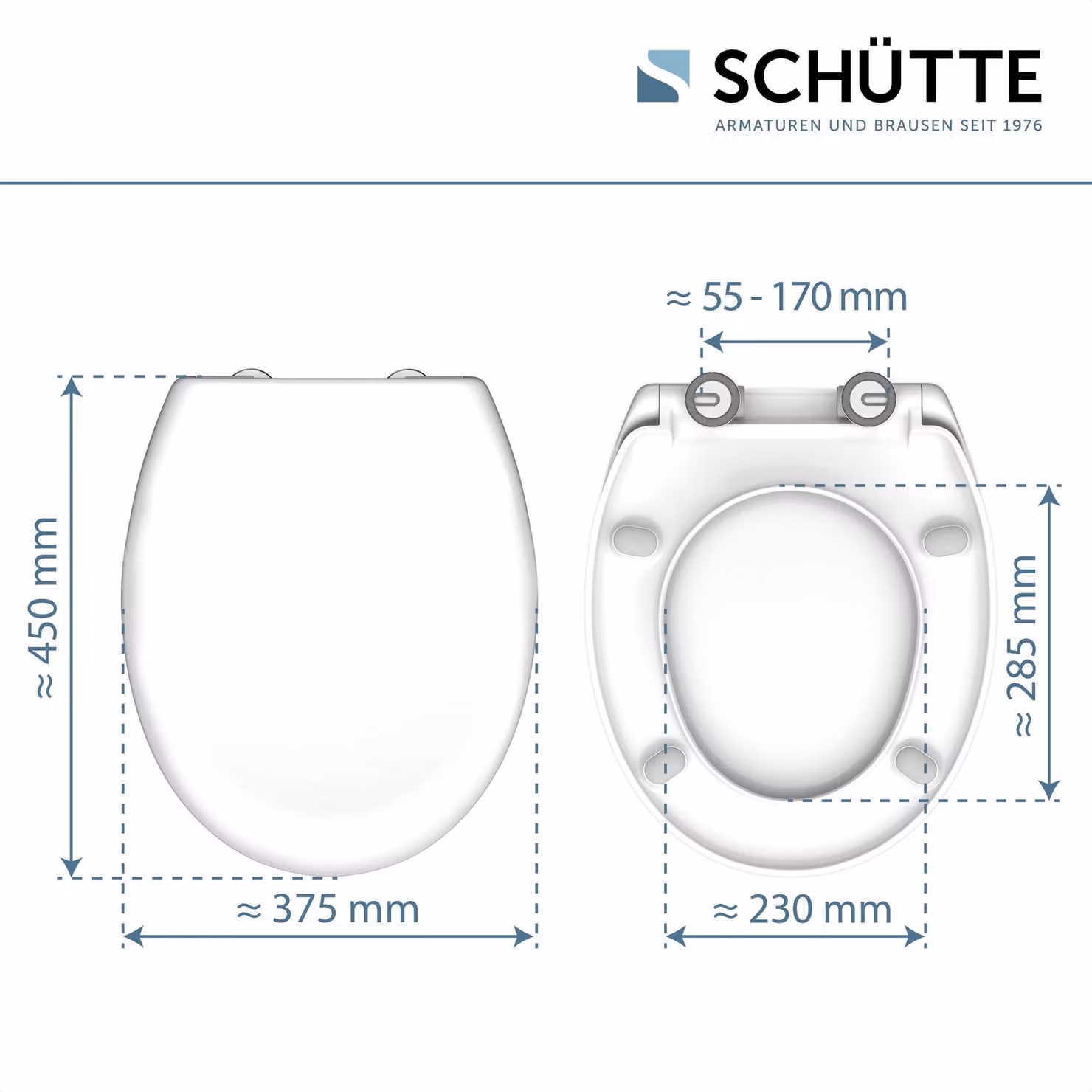 SCHÜTTE Sedile WC ovale con chiusura ammortizzata, coperchio rimovibile in duroplast infrangibile, montaggio fai da te con ventose adesive e dima, coperchio per WC