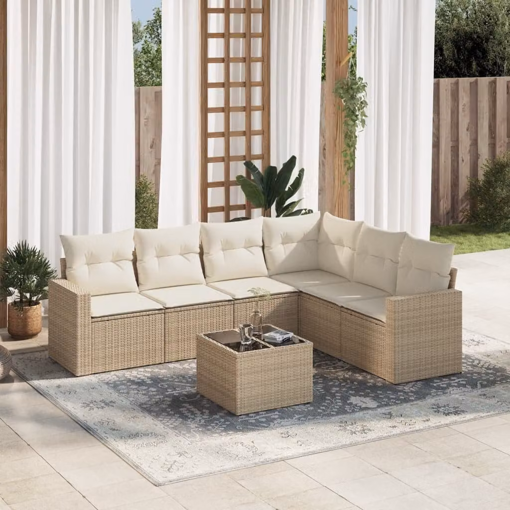 Set di divani da giardino vidaXL 7 pz in polyrattan beige con cuscini e tavolino da esterno – 1