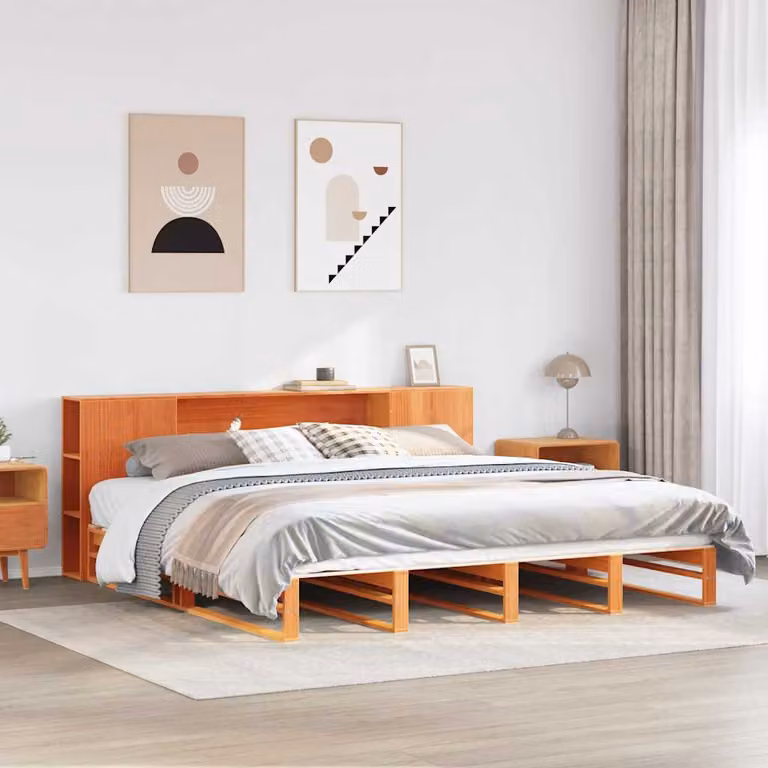 Letto Libreria vidaXL in Legno di Pino Marrone Cera con Compartimenti Laterali L/P/H: 200 x 82 x 206 cm