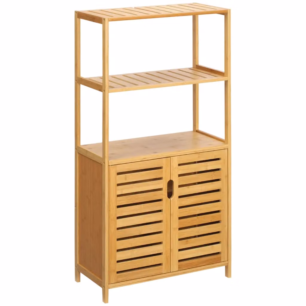 Mobile bagno Xylo in bambù naturale con 2 ripiani aperti e doppia anta a lamelle L 120 x P 30 x H 30 cm – 2