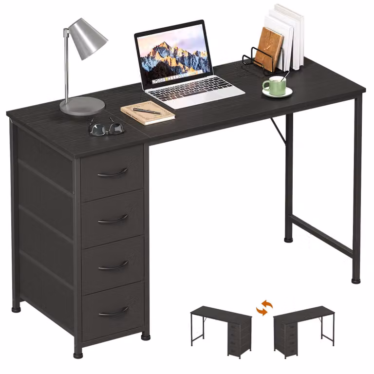 Scrivania con cassetto, larghezza 120 cm - 4 cassetti - Struttura in metallo e legno laccato - Colore nero