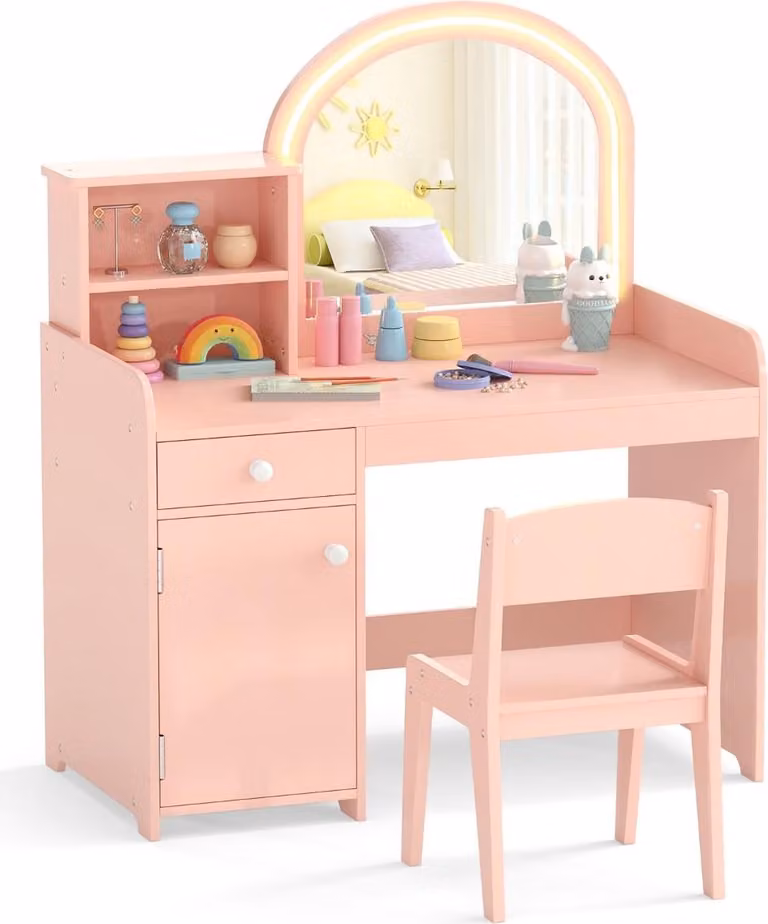 Set da toeletta per bambini con specchio a LED, sgabello e contenitore