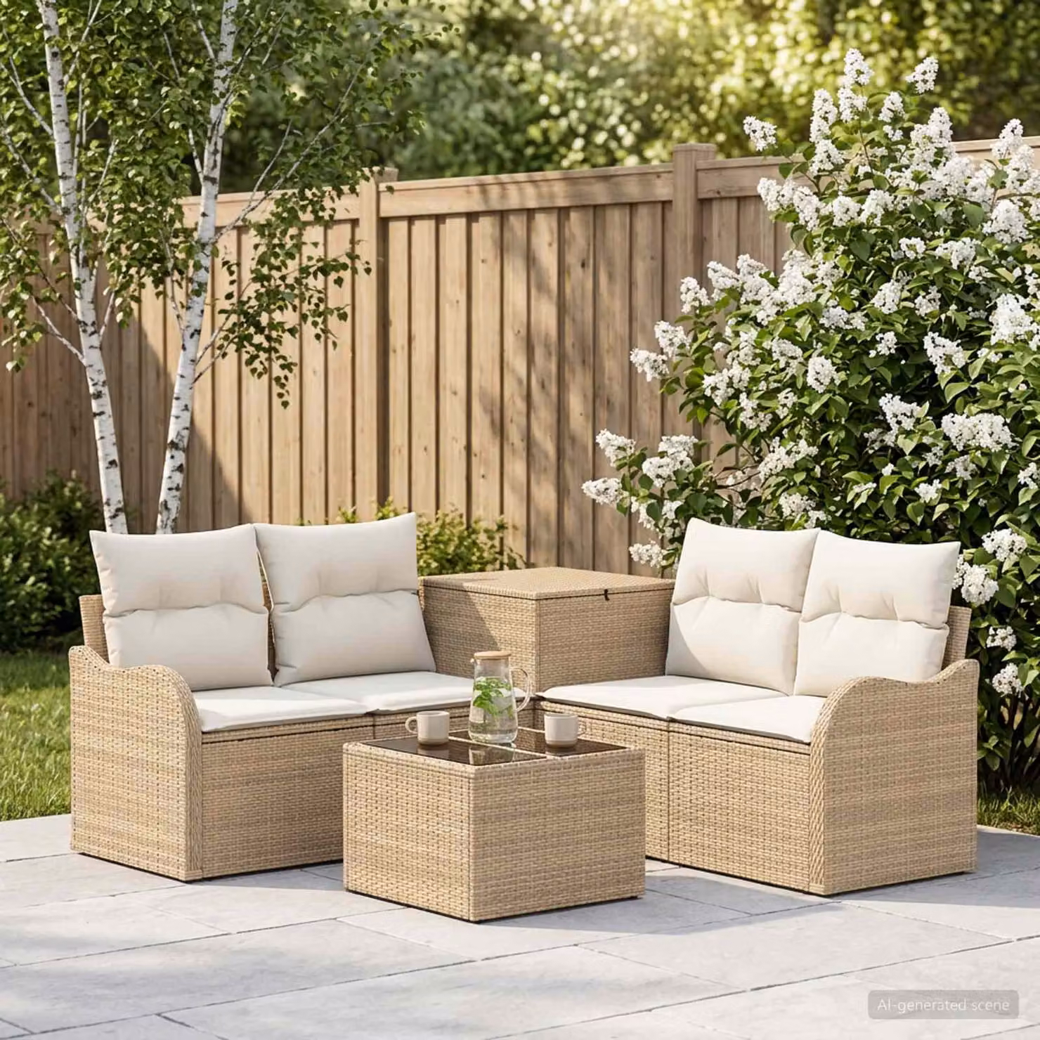 Set di divani da giardino vidaXL 6 pezzi in stile moderno beige e bianco crema con struttura in metallo e cuscini inclusi