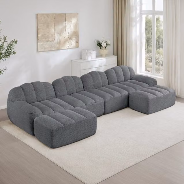 Divano modulare 4 posti configurabile a U in pile granulato grigio con schiuma 32D