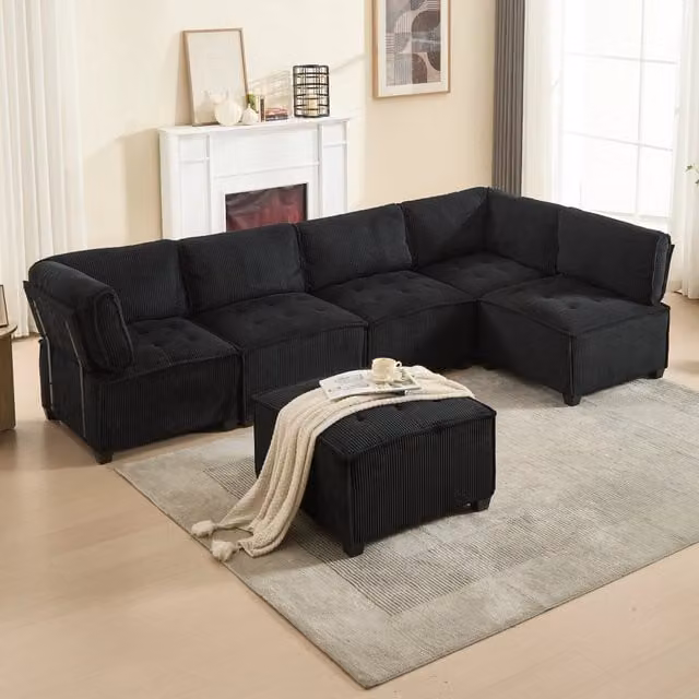 Divano Modulare 6 Posti Minimal con Penisola Estrattibile e Funzione Letto in Cordura Nero