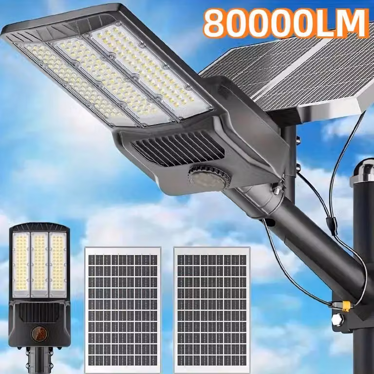 Lampada solare - 80000 lumen. Lampione solare - 2 pannelli solari - Sensore di movimento - LED - Dimmerabile - Grado di protezione IP65 - 5 metri