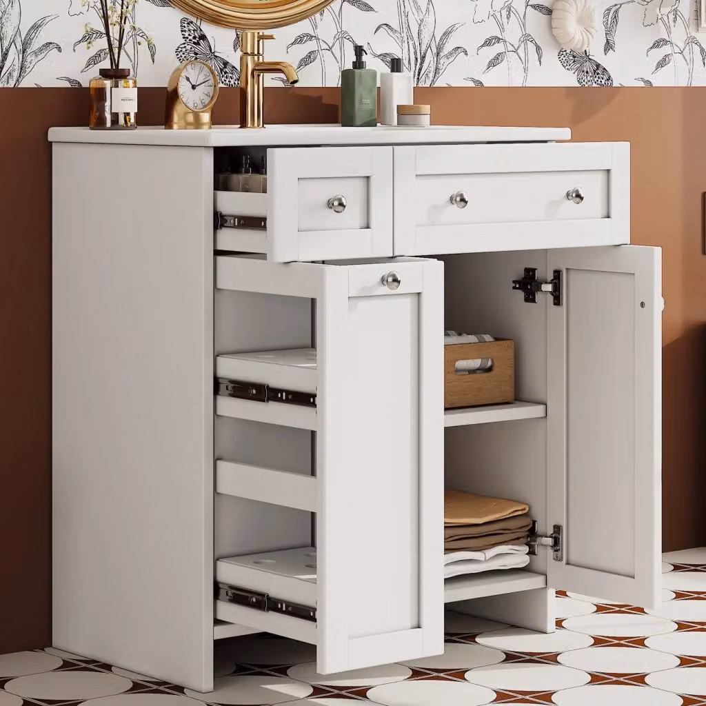 Mobile bagno freestanding WISHDOR in MDF laccato bianco con lavabo in ceramica, 3 cassetti e anta con chiusura soft-close, L: 76 cm, P: 47 cm, H: 86 cm – 2