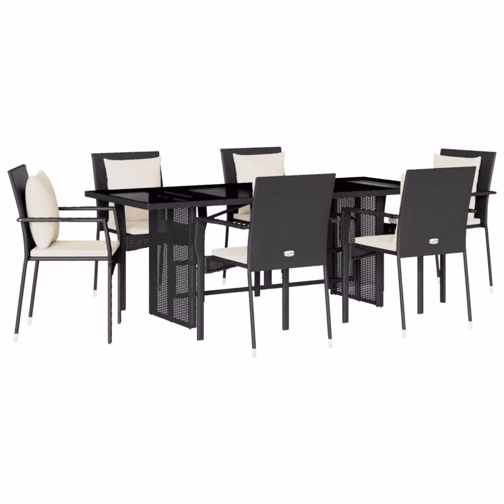 Set da Pranzo da Giardino vidaXL 7 pz in Polyrattan Nero con Cuscini e Tavolo in Vetro – 2