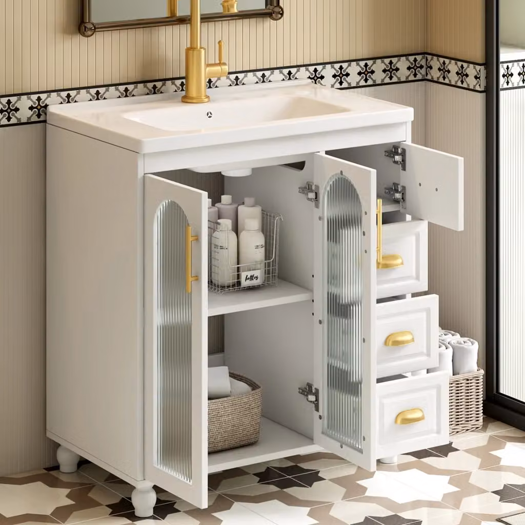 Mobile bagno a terra con lavabo bianco in stile scandinavo con 3 ante e 3 cassetti in MDF e vetro L: 80 cm, P: 47 cm, H: 90 cm – 2