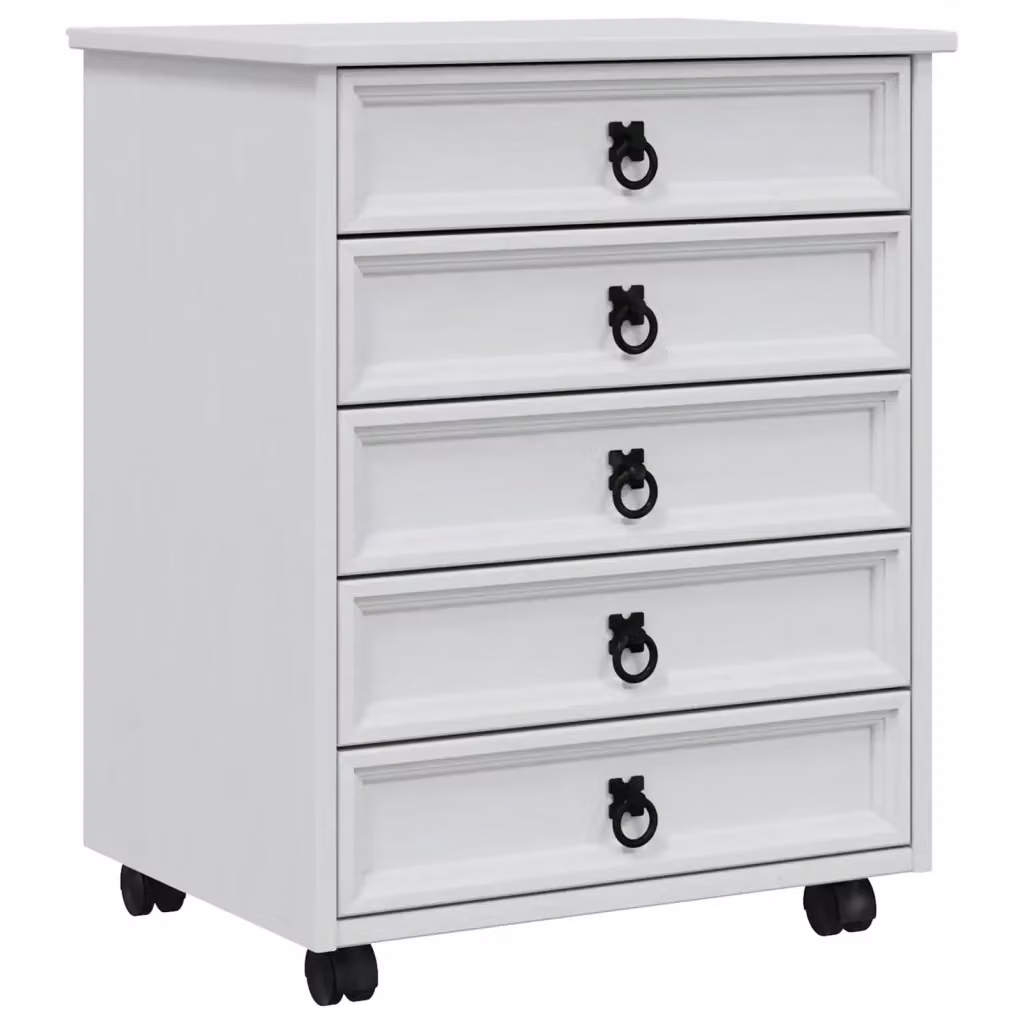Armadietto con cassetti vidaXL in legno di pino e metallo stile rustico bianco con ruote per soggiorno, camera da letto o ufficio L/P/H: 53,0 x 39,0 x 65,5 cm – 2
