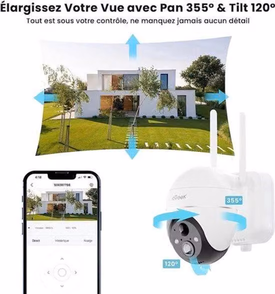 Telecamera di sicurezza wireless Wi-Fi - Risoluzione 5MP - Visione notturna a colori - Rotazione a 360 gradi - Telecamera solare da esterno