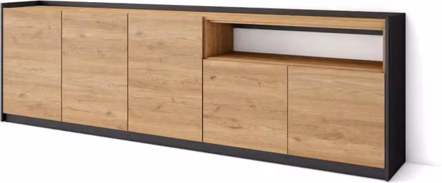 Credenza, Mobile, Cucina, 260x80x37 cm, 5 Porte, grande stoccaggio, Rovere e nero