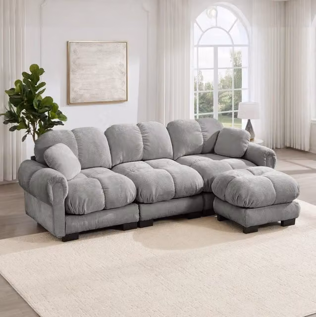 Divano angolare modulare 260x149x90 cm in ciniglia con ottomana; grigio chiaro