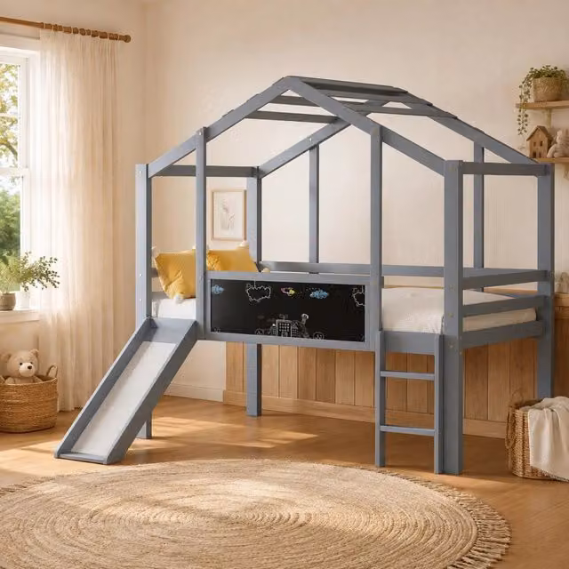 Letto a soppalco per bambini ULEVR 90x200 cm con scivolo, scala, lavagna e sponde, in legno massello grigio