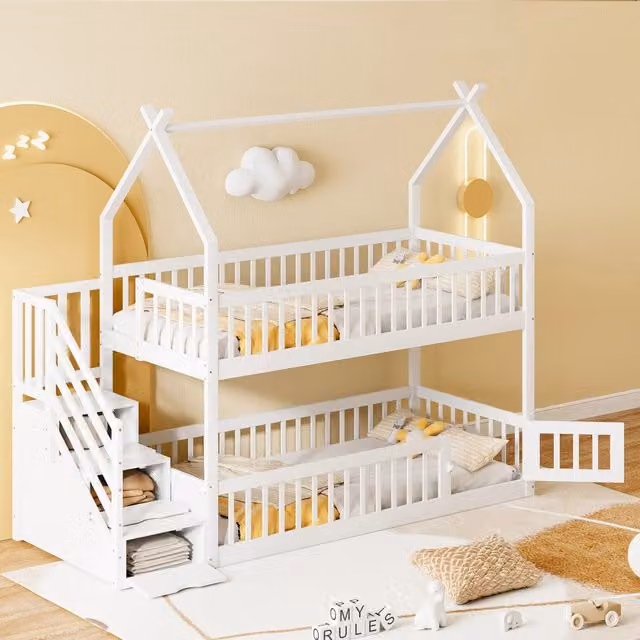 Letto a castello per bambini OKWISH in legno bianco con scala con cassetti e area gioco, L/P/H: 200 x 90 x 253 cm
