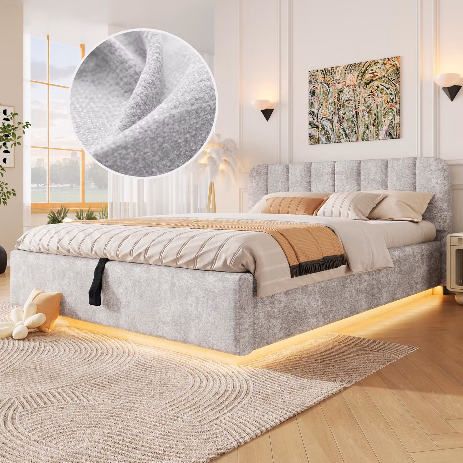 Letto imbottito 140 x 200 cm con contenitore a sollevamento idraulico, illuminazione a LED, rete a doghe e testiera imbottita, rivestito in chenille, colore grigio chiaro