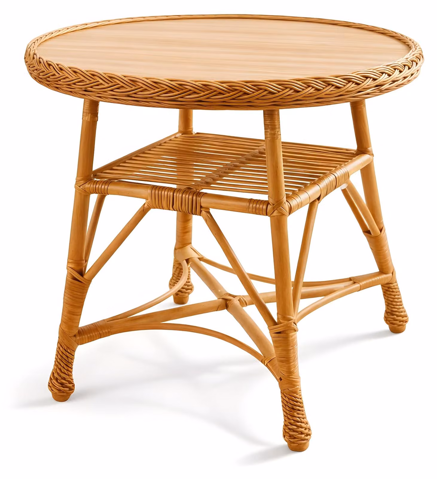Tavolo rotondo in vimini con piano in legno