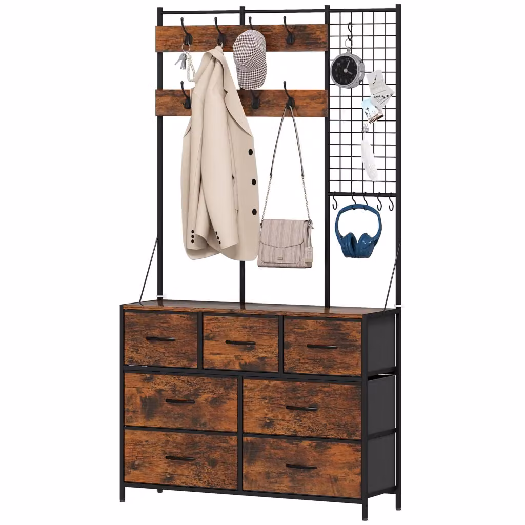 Mobile ingresso Xylo con scarpiera, appendiabiti e cassetti in stile industrial, marrone rustico, L: 100 cm, P: 30 cm, H: 183 cm – 2