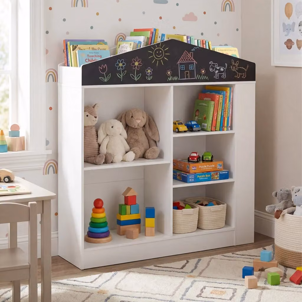 Scaffale portagiochi in legno per bambini con 11 scomparti e lavagna, Libreria bianca per cameretta L: 94 cm, P: 30 cm, H: 102 cm – 2