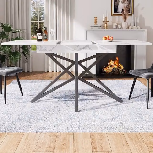 Tavolo da pranzo allungabile WISHDOR moderno con piano bianco effetto marmo e gambe in metallo L/P/H: 120/160 x 80 x 76 cm