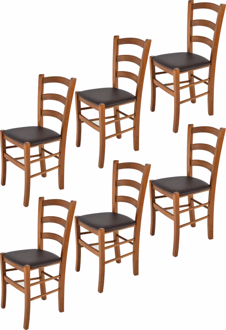 t m c s Tommychairs - Set di 6 sedie VENICE per cucina e sala da pranzo, struttura robusta in legno di faggio laccato nel colore noce chiaro e sedile imbottito rivestito in Pelle finta nel colore moka