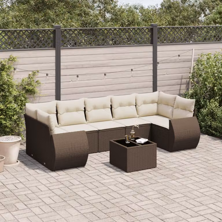 vidaXL Set Divani da Giardino 8 pz in Polyrattan Marrone con Cuscini Bianchi e Tavolino da Esterno