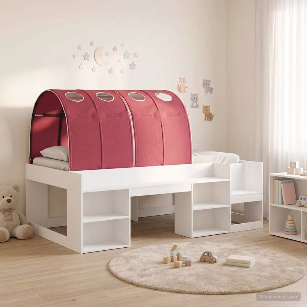 Letto singolo per bambini vidaXL con struttura a casetta e tunnel, Bianco e Rosso, L/P/H: 193 x 103,5 x 65 cm