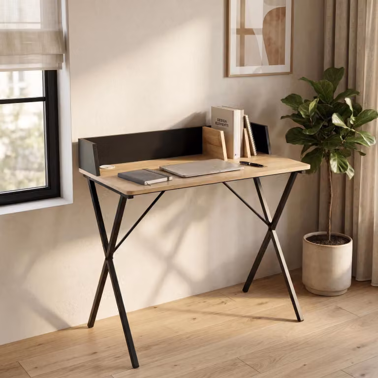 Scrivania "Kappespoo" con passacavo, dimensioni 84 x 80 x 50 cm, colore nero/effetto legno di quercia