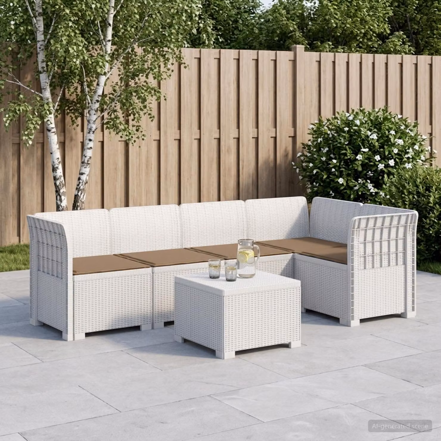 Set da giardino vidaXL a forma di L con divano da 5 posti, tavolino e cuscini in polyrattan bianco e beige