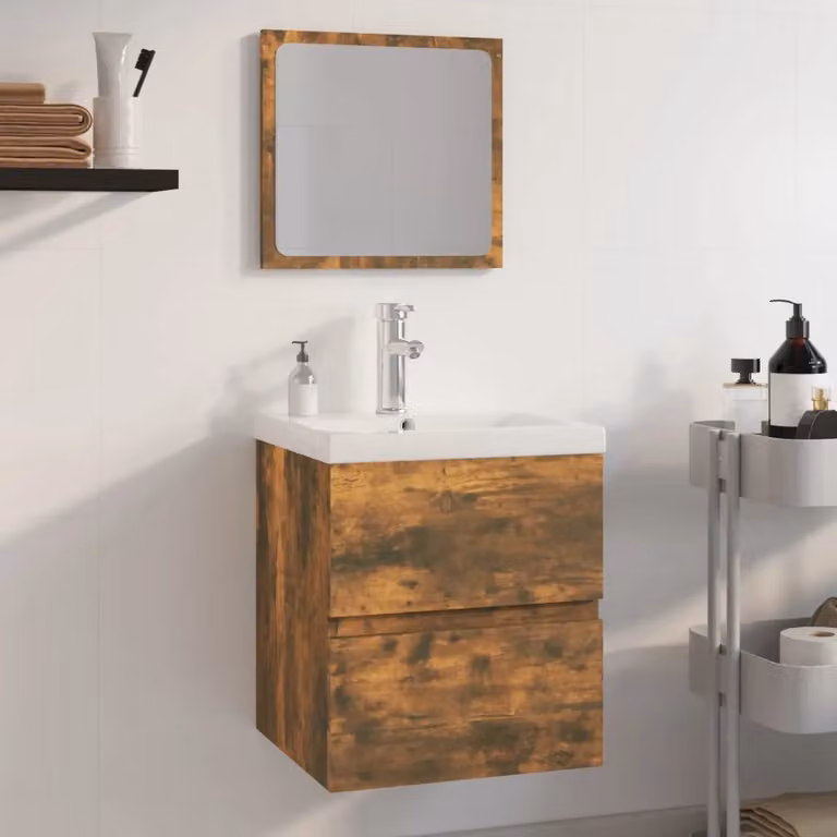Set di mobili da bagno moderno vidaXL con mobile lavabo e armadietto specchio in legno rovere e bianco L/P/H: 45,0 x 38,5 x 41,0 cm