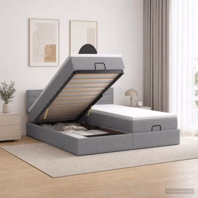 Letto ottomano con materasso vidaXL in tessuto grigio e bianco L/P/H: 200 x 200 x 88 cm – 1