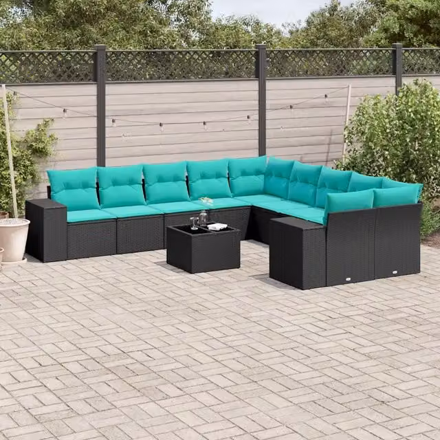 Set Divani da Giardino 11 pz con Cuscini Nero in Polyrattan 3223116